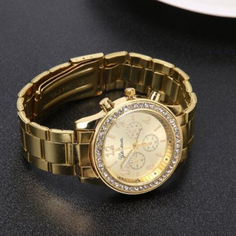 Veile Studios Fashion Ladies Diamond Steel Business Watch Golden