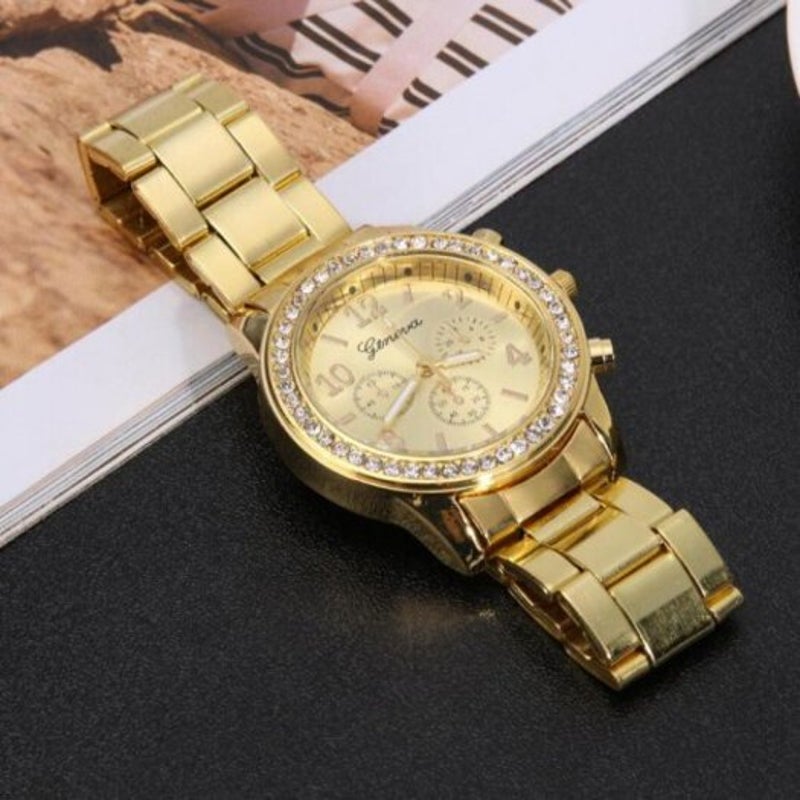 Veile Studios Fashion Ladies Diamond Steel Business Watch Golden