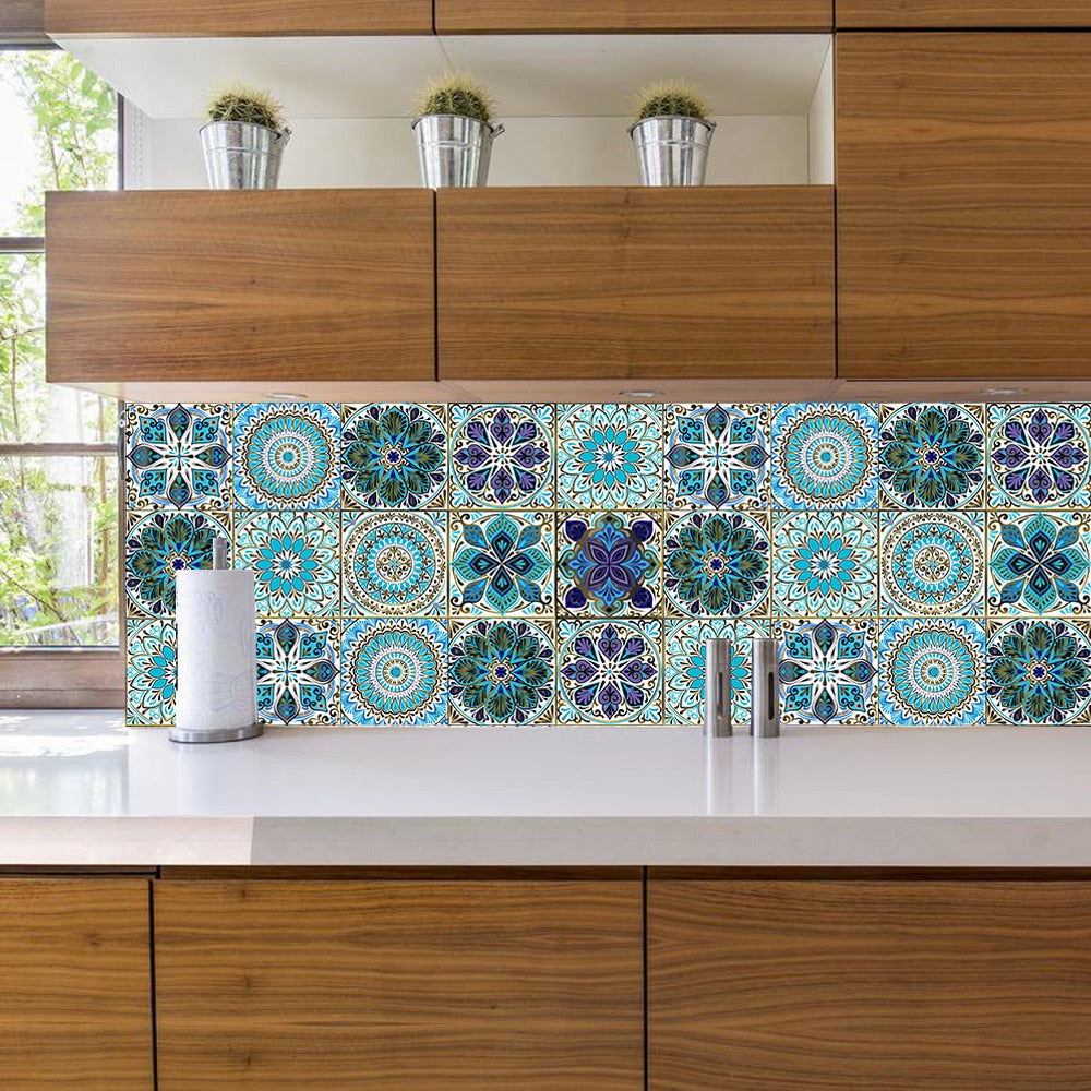 10Pcs/Set Mandala Crystal Hard Film Tiles Wall Stickers Kitchen Bathroom Wardrobe Decoration Art Mural Waterproof Pvc De