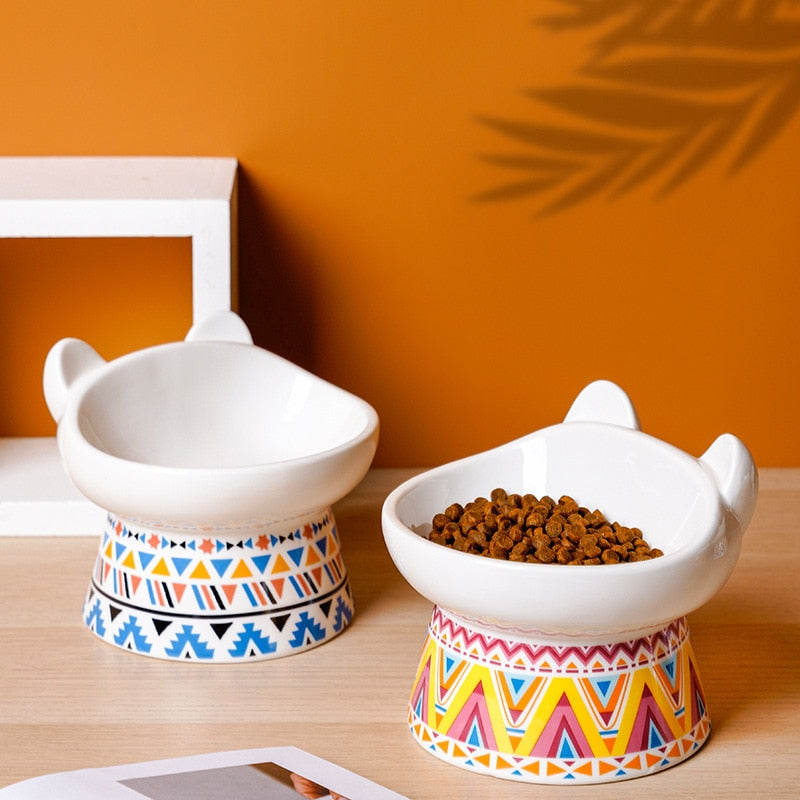 Boho Cute Small Elevated Ceramic Cat Bowl Pet Supplies