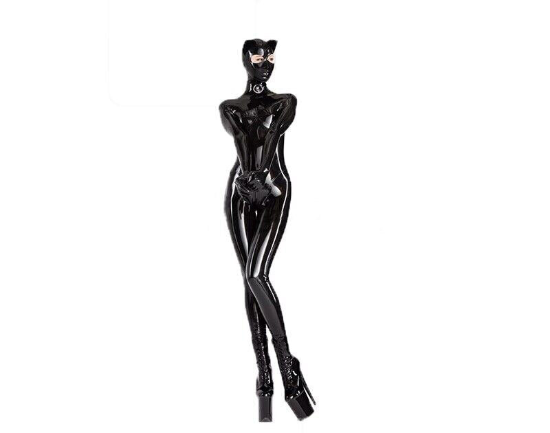 Sexy Full Body Black Latex Gummi Catsuit Ear Cosplay Rubber Bodysuits With Back Crotch Zip
