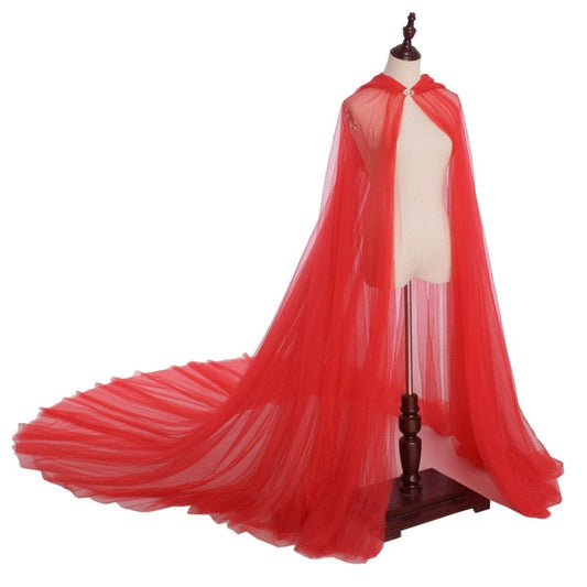 Cosplay Halloween Costume For Women Hooded Tulle Cape Cloak Wedding Bridals Floor Length Black White Red Soft Mesh Cloak