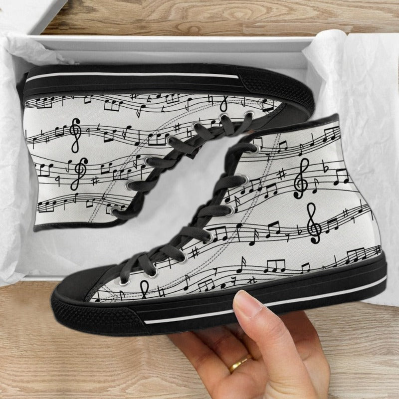 Music Theme High Top Lace Up Canvas Sneakers Shoes Women Notes Piano Guitar