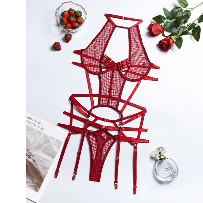 Both Mesh Sexy Strappy Bandage Bodysuit Women Lingerie