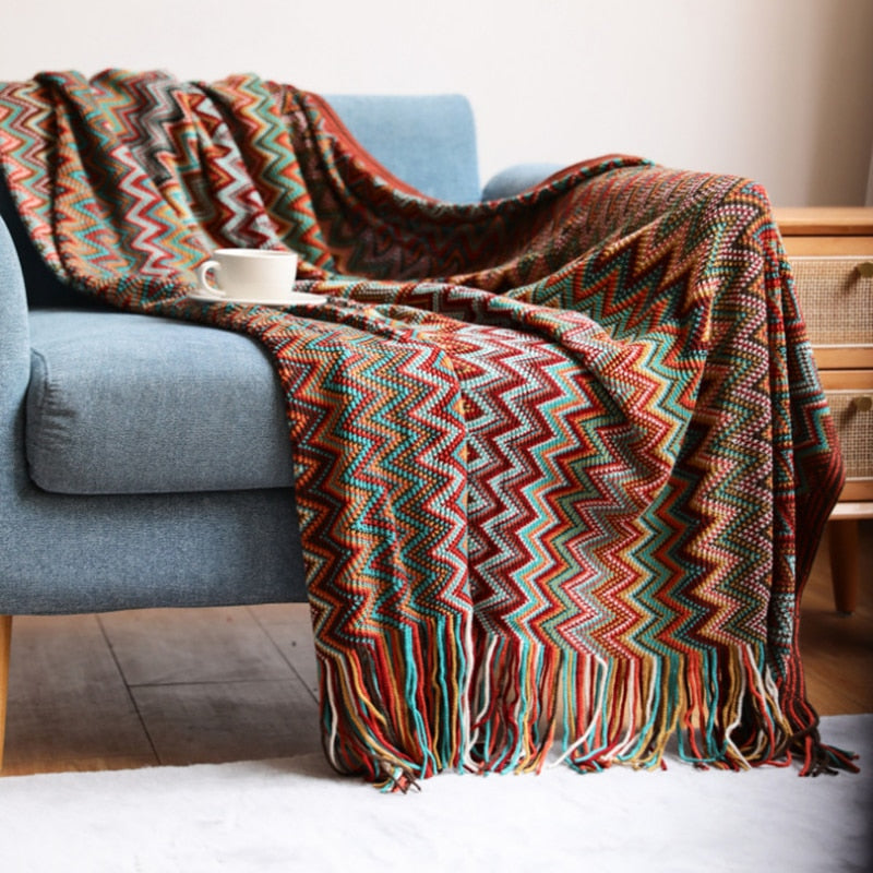 Aztec Boho Tassel Fringe Throw Blanket Couch Cover Home Decor