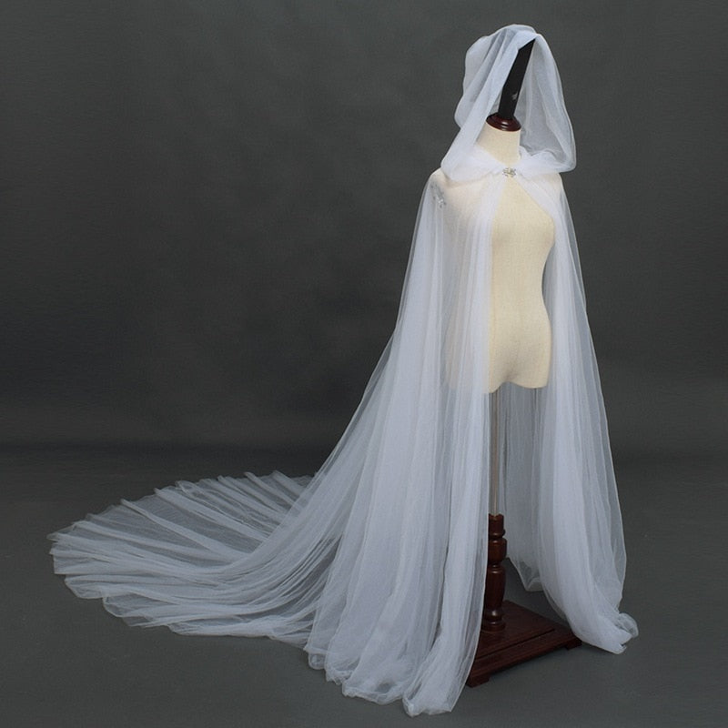 Cosplay Halloween Costume For Women Hooded Tulle Cape Cloak Wedding Bridals Floor Length Black White Red Soft Mesh Cloak