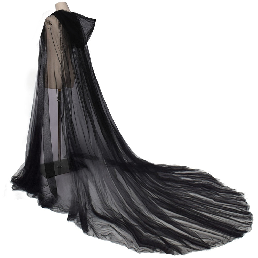 Cosplay Halloween Costume For Women Hooded Tulle Cape Cloak Wedding Bridals Floor Length Black White Red Soft Mesh Cloak