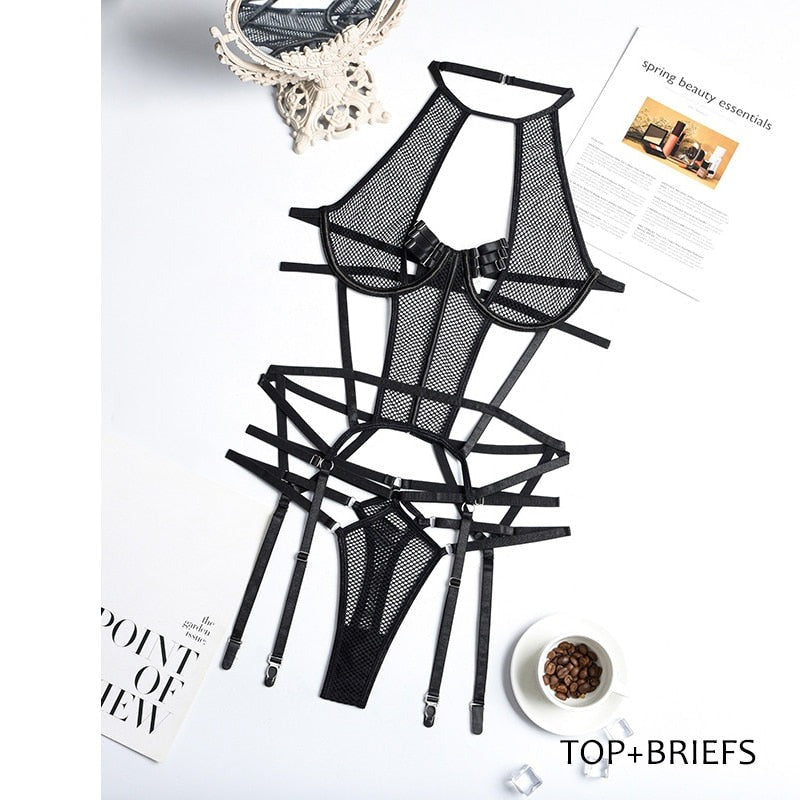 Both Mesh Sexy Strappy Bandage Bodysuit Women Lingerie