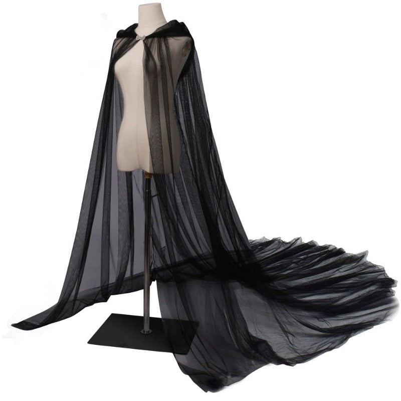 Cosplay Halloween Costume For Women Hooded Tulle Cape Cloak Wedding Bridals Floor Length Black White Red Soft Mesh Cloak