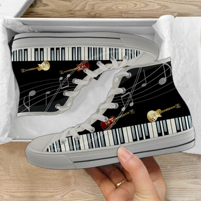 Music Theme High Top Lace Up Canvas Sneakers Shoes Women Notes Piano Guitar