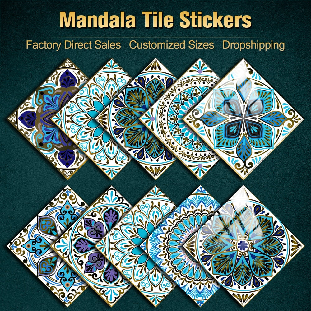 10Pcs/Set Mandala Crystal Hard Film Tiles Wall Stickers Kitchen Bathroom Wardrobe Decoration Art Mural Waterproof Pvc De