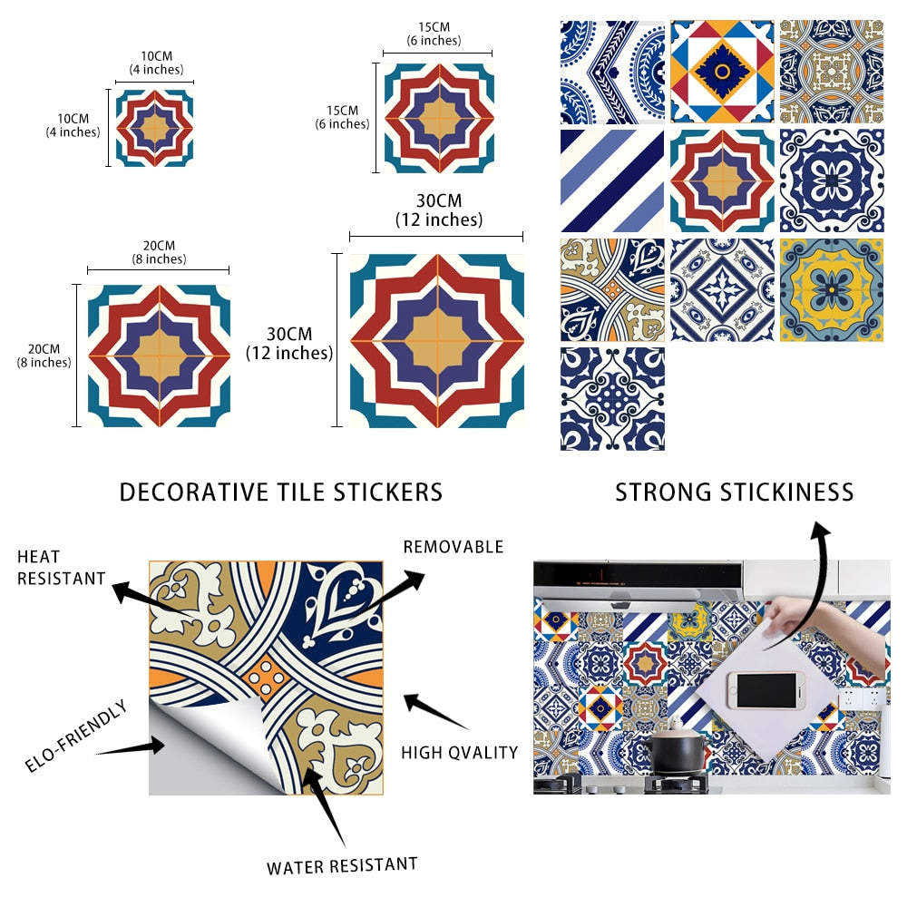 10Pcs/Set Mandala Crystal Hard Film Tiles Wall Stickers Kitchen Bathroom Wardrobe Decoration Art Mural Waterproof Pvc De