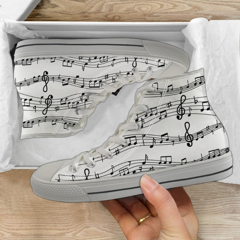 Music Theme High Top Lace Up Canvas Sneakers Shoes Women Notes Piano Guitar