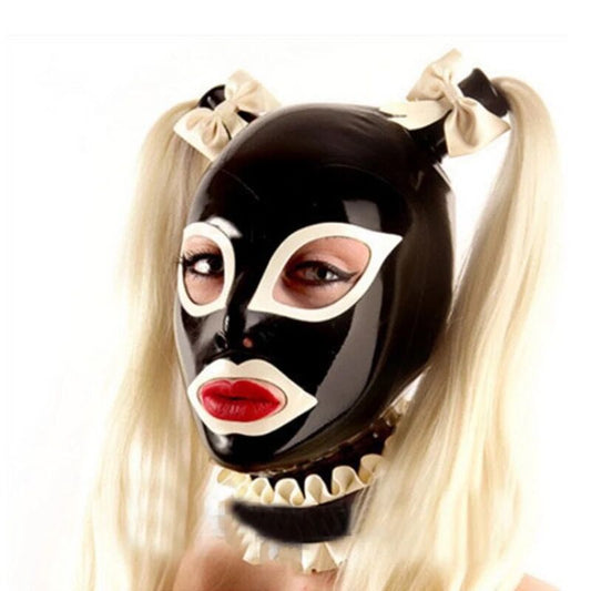 Sexy Black Latex Hood Rubber Mask With Hairpieces Wigs Bows Neck Lace