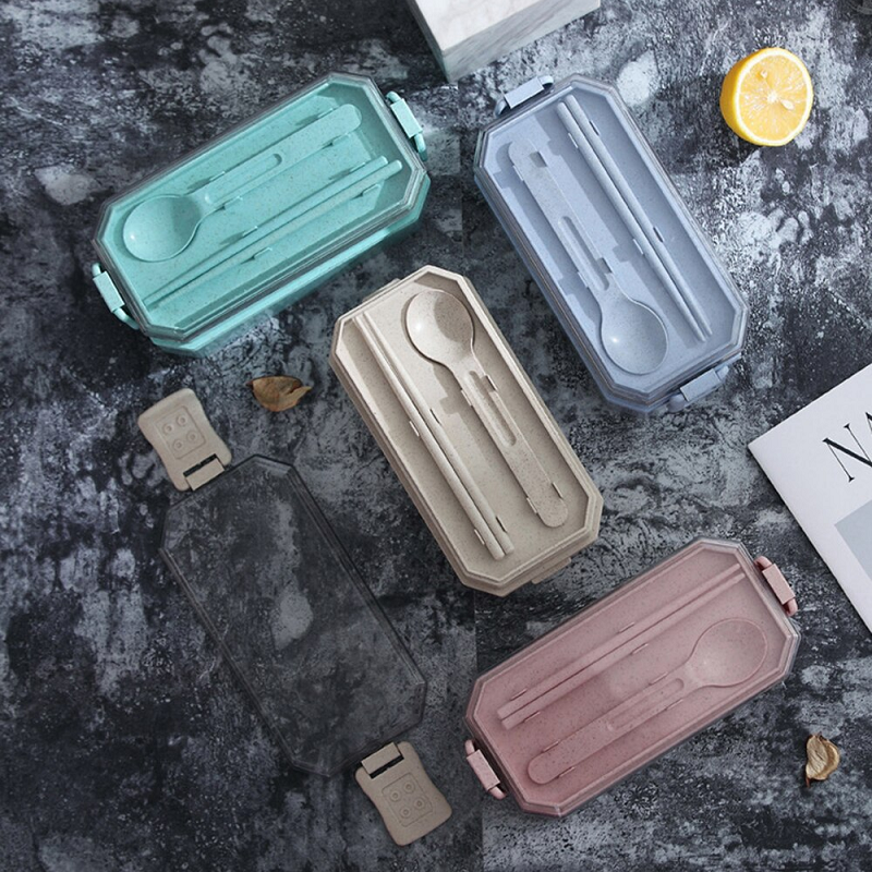 800Ml Lunch Box Wheat Straw Bento 2 Layer Food Storage