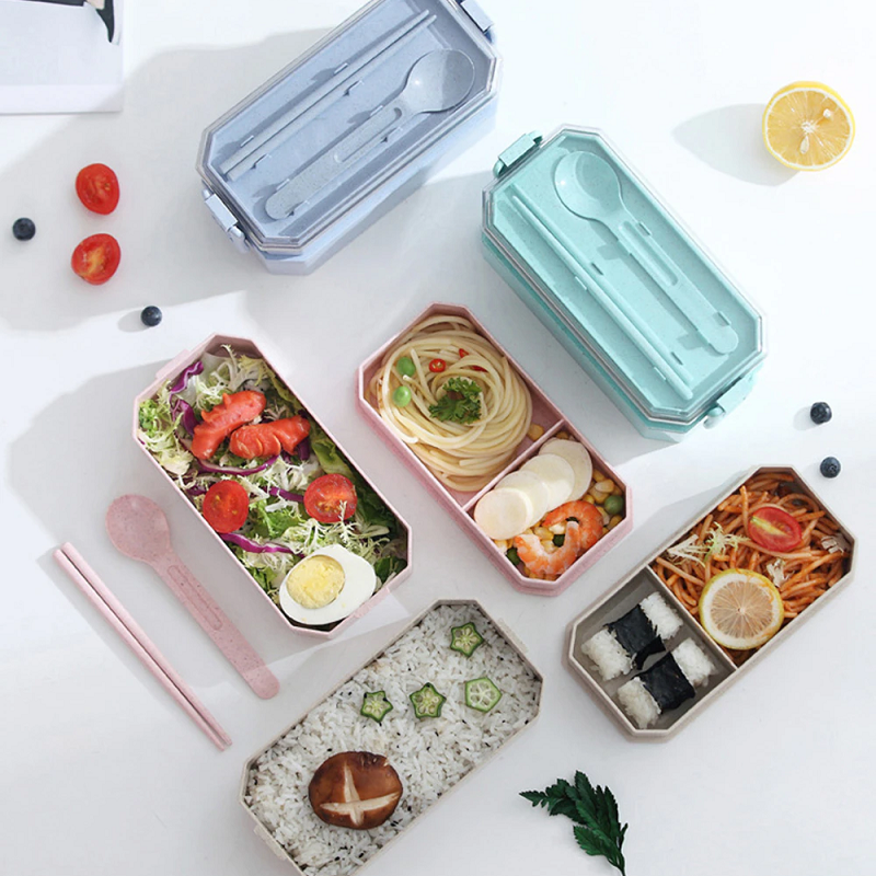800Ml Lunch Box Wheat Straw Bento 2 Layer Food Storage