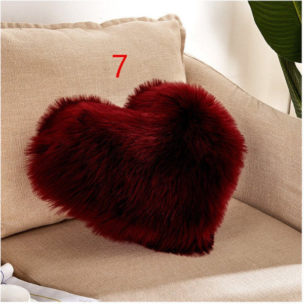 40X50cm Heart Shaped Artificial Wool Fur Soft Plush Cushion Cover Wine Red
