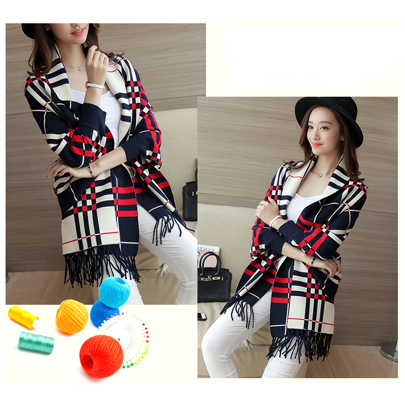 Chequered Shawl Poncho Batwing Sleeve Coat Fringed Autumn And Winter Scarf Blue