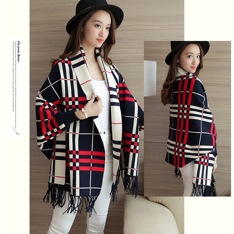 Chequered Shawl Poncho Batwing Sleeve Coat Fringed Autumn And Winter Scarf Blue