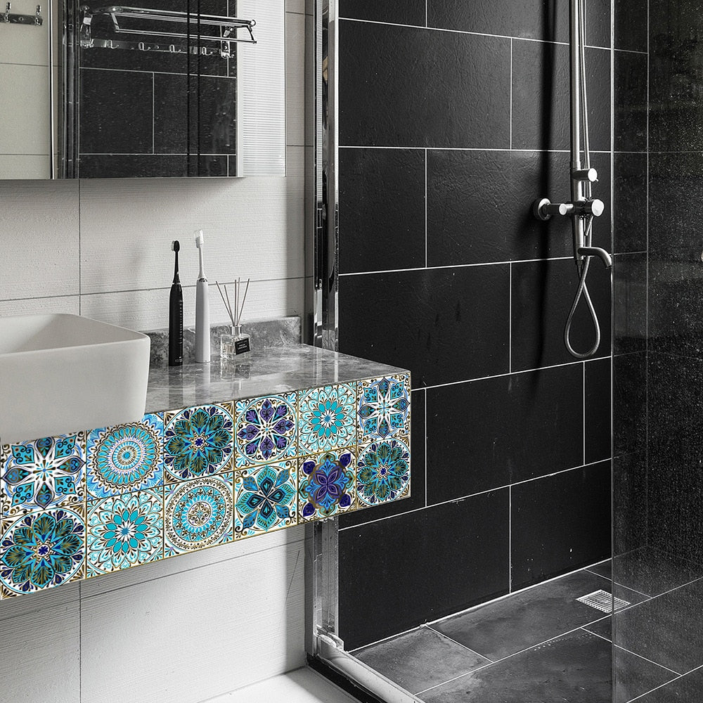 10Pcs/Set Mandala Crystal Hard Film Tiles Wall Stickers Kitchen Bathroom Wardrobe Decoration Art Mural Waterproof Pvc De