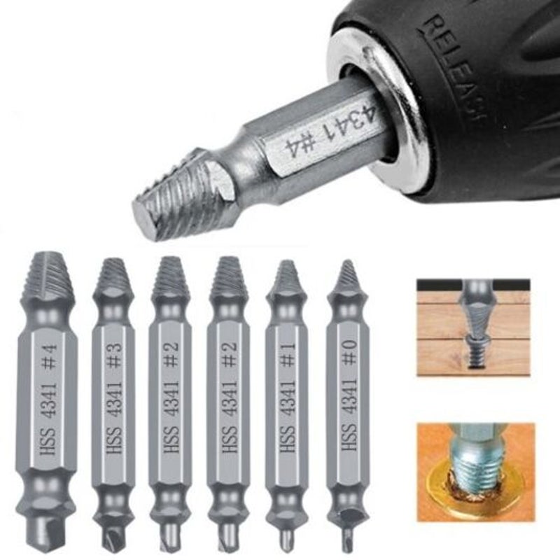 Double End Sliding Teeth Broken Head Screw Extractor 6Pcs Silver