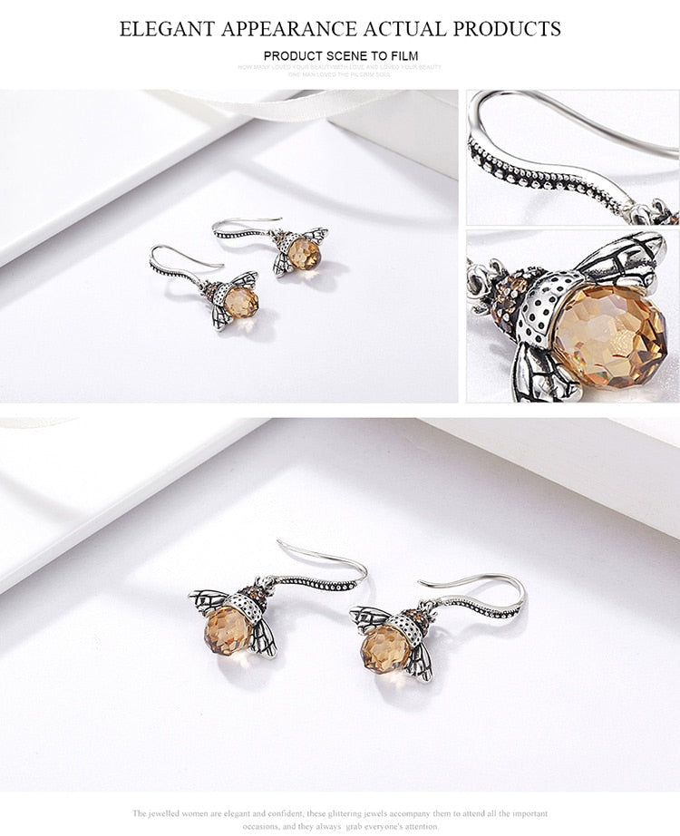 925 Sterling Silver Yellow Bee Drop Earrings Women