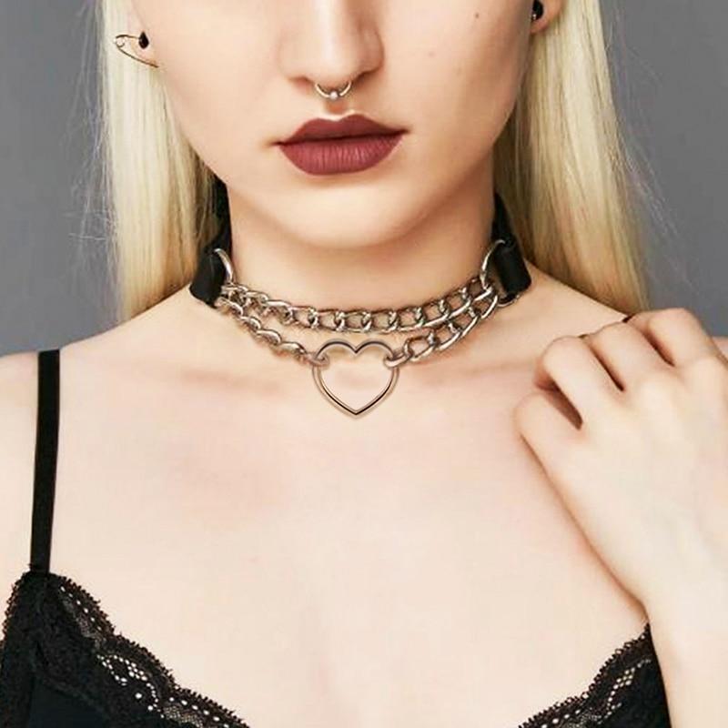 Bdsm Day Collar Heart Pendant Choker Silver Chain Necklace