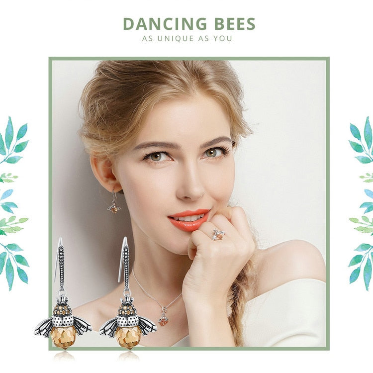 925 Sterling Silver Yellow Bee Drop Earrings Women