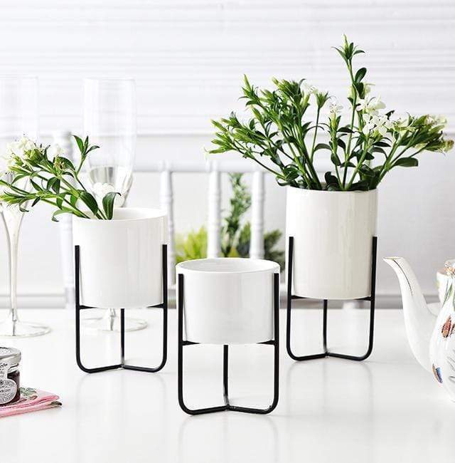 Ceramic Trinity Pot On Metal Plant Stand Nordic Home Decor