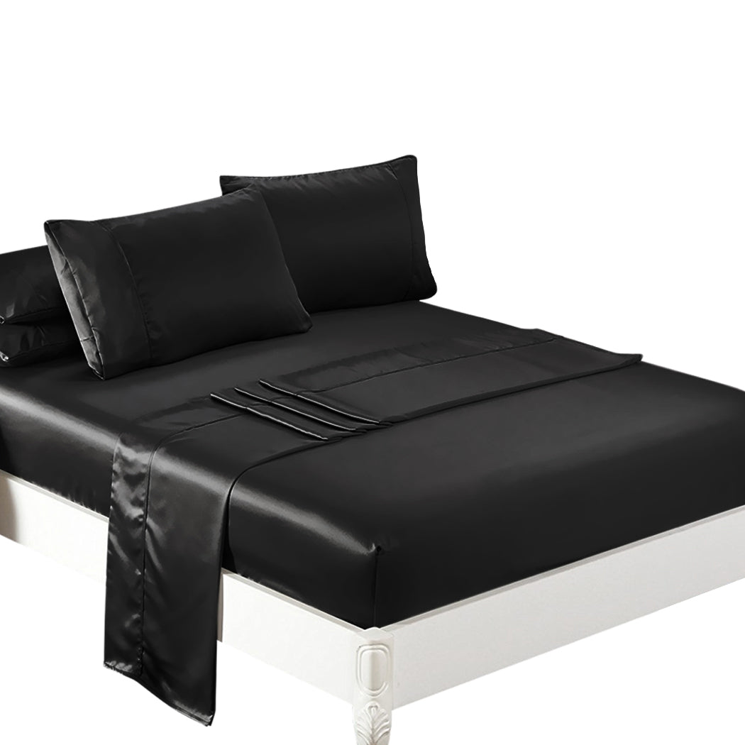 Dreamz Silky Satin Sheets Fitted Flat Queen Black