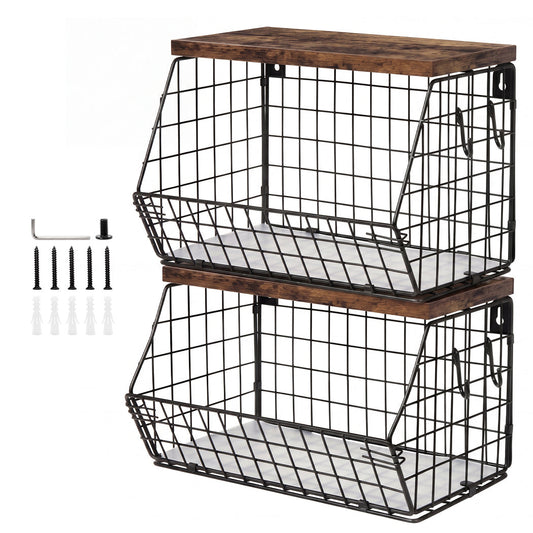 Toque 2Pcs Stackable Wall Mounted Kitchen Fruit Storage Basket With Wood Lid