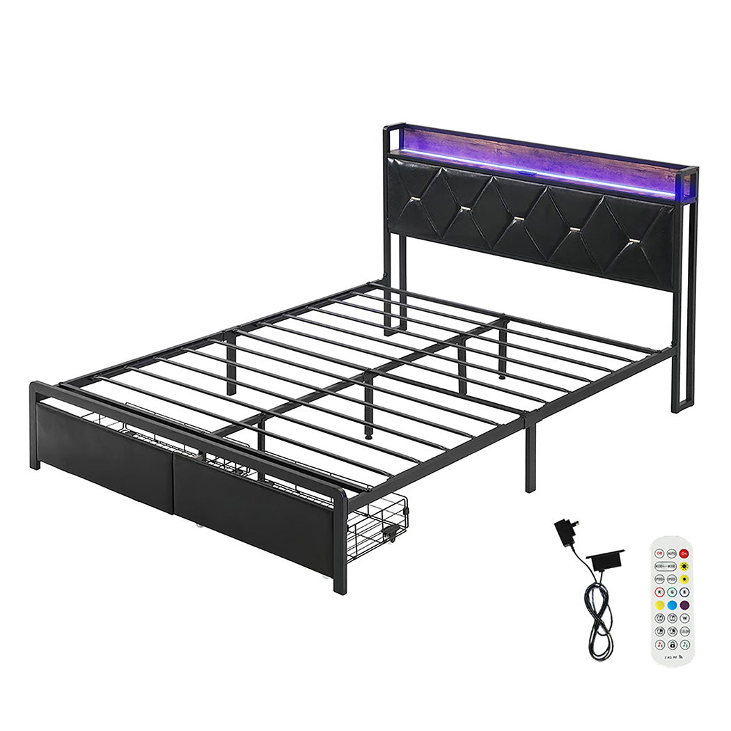 Queen Metal Bed Frame With Led Lights And 2 Drawers Black