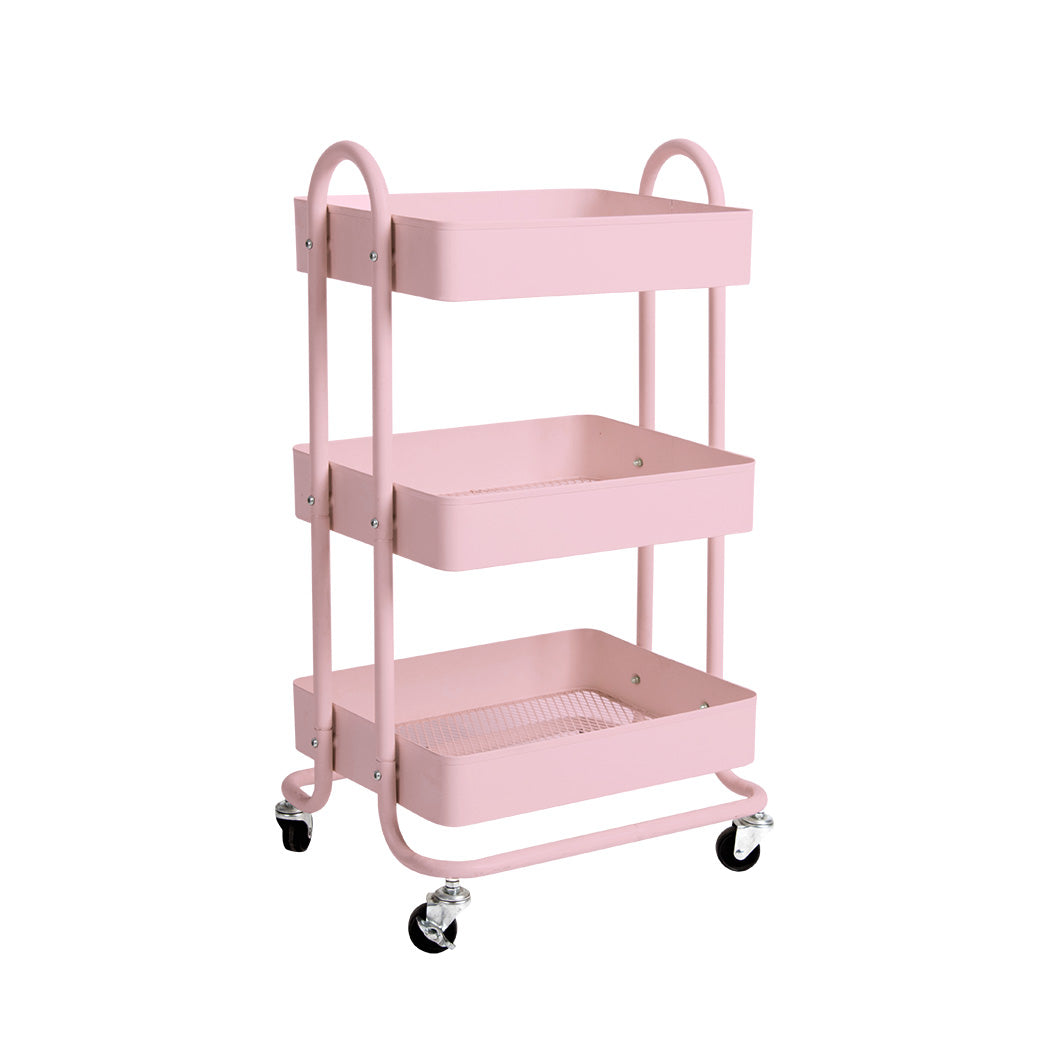 3 Tier Kitchen Trolley Cart Pink Rolling Storage Organizer For Home Office