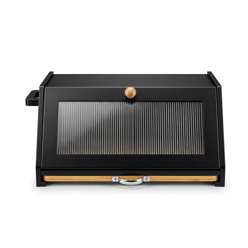 Toque Bamboo Bread Box With Cutting Board & Knife Holder Black