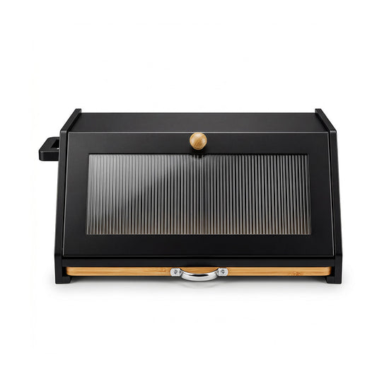 Toque Bamboo Bread Box With Cutting Board & Knife Holder Black