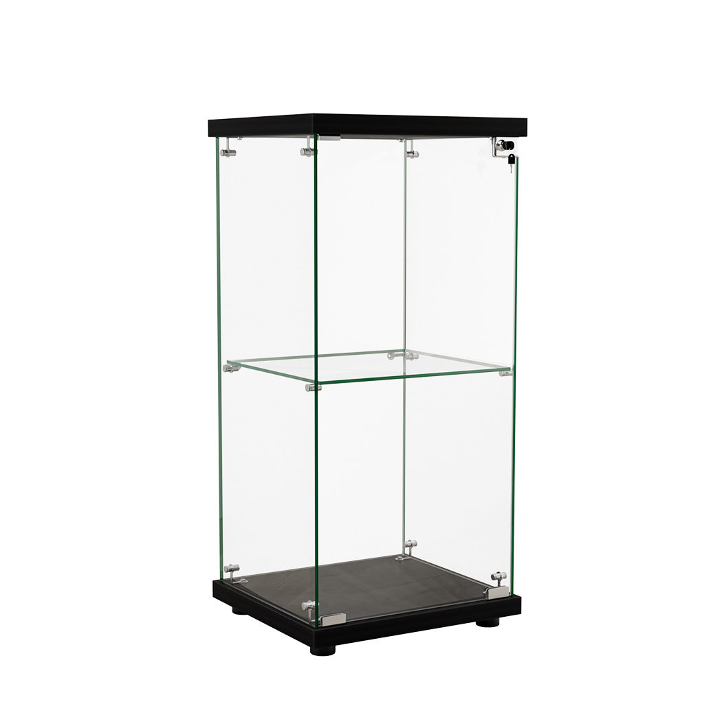 2-Tier Tempered Glass Display Cabinet With Lock Black Collection Storage