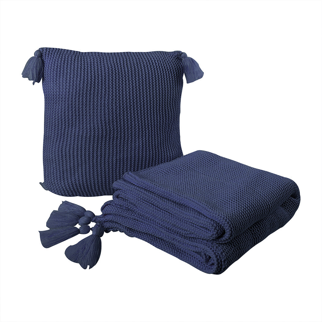 Dreamz Knitting Throw Blanket Cushion Navy