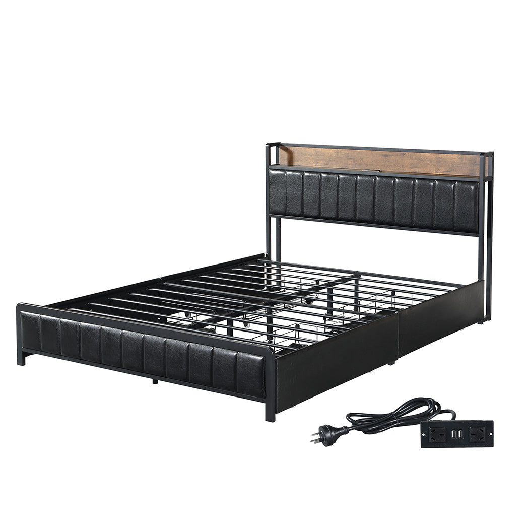 Queen Bed Frame Pu With 4 Drawers And Usb Charging Ports