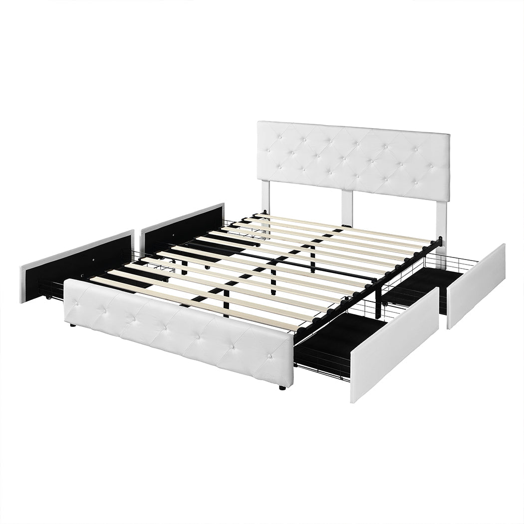 Queen Bed Frame Tufted With 4 Storage Drawers Cream