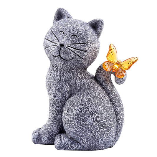 Emitto Solar Cat Butterfly Garden Statue With Led Light Resin Outdoor Decor