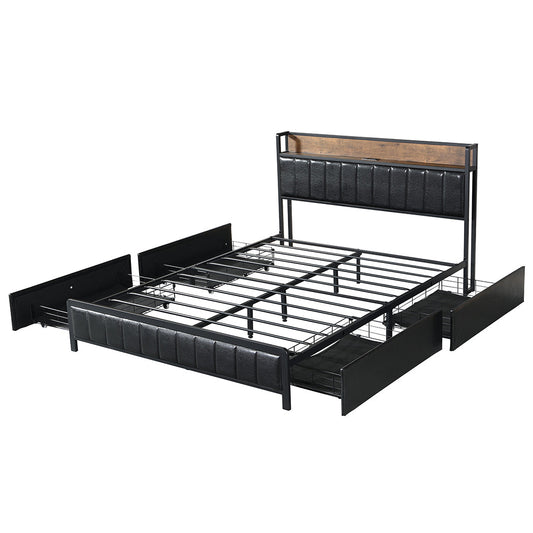Queen Bed Frame Pu With 4 Drawers And Usb Charging Ports