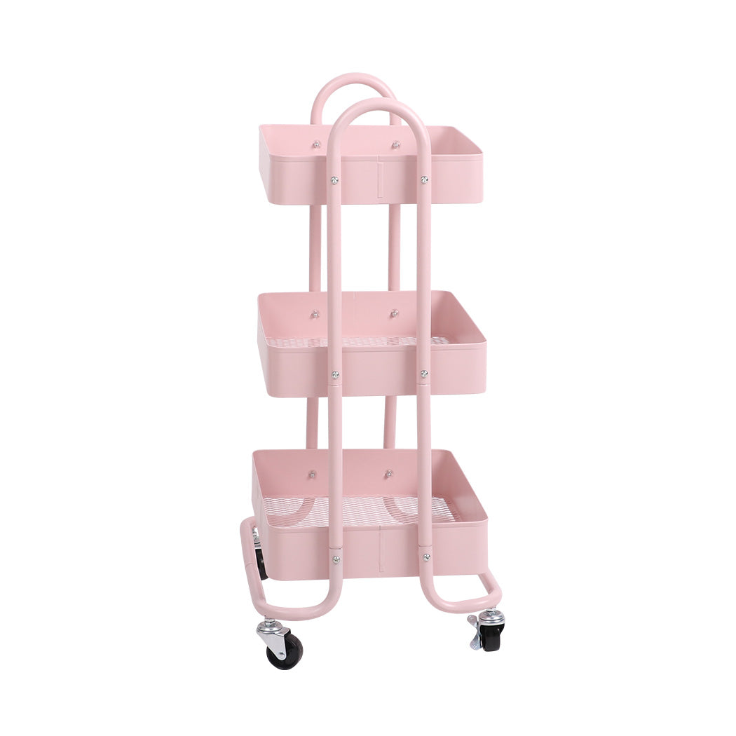3 Tier Kitchen Trolley Cart Pink Rolling Storage Organizer For Home Office