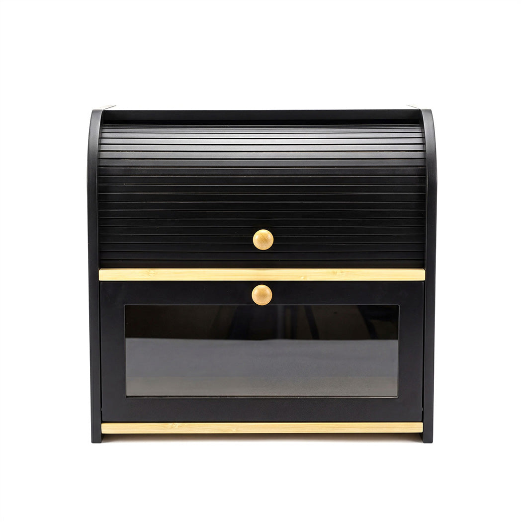 Toque 2 Tier Bamboo Bread Bin With Roll Top Door Kitchen Storage