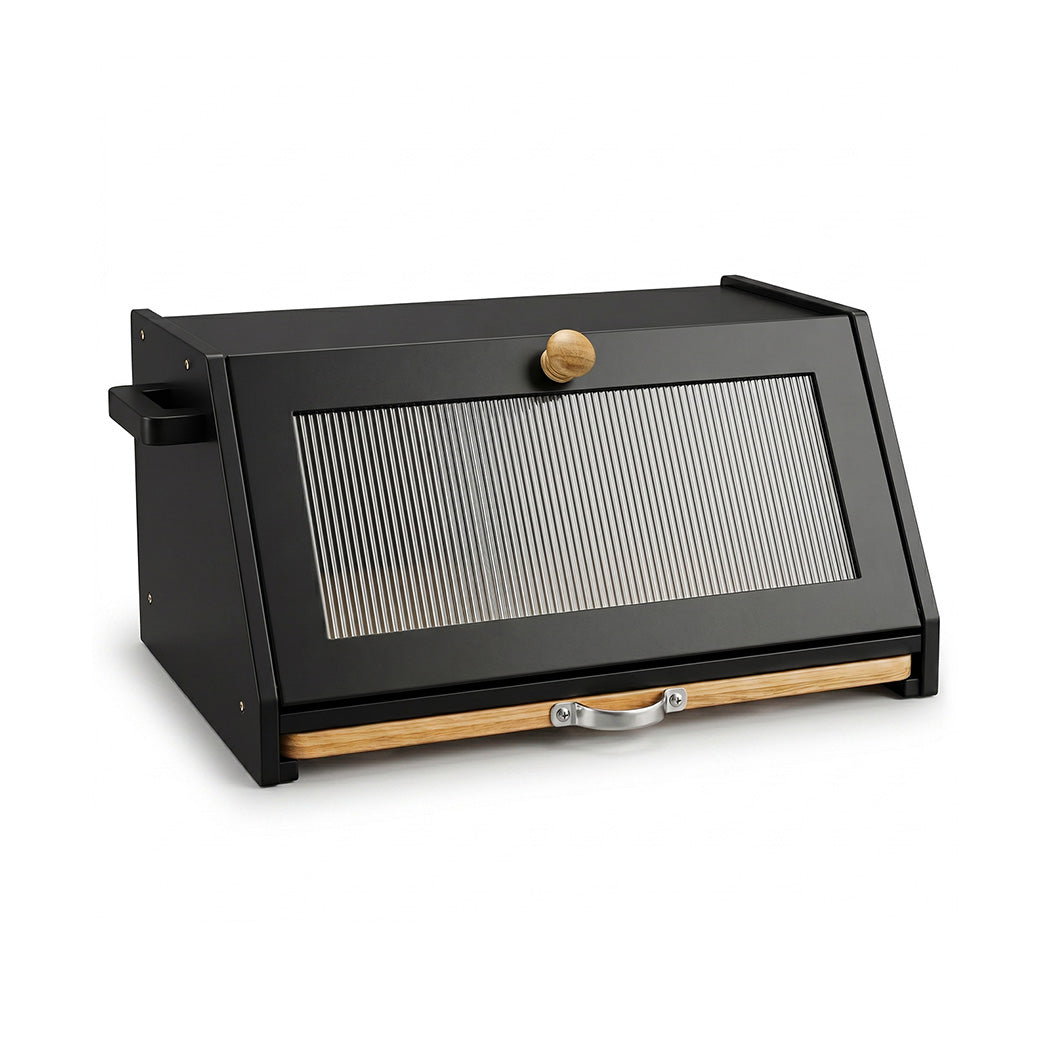 Toque Bamboo Bread Box With Cutting Board & Knife Holder Black