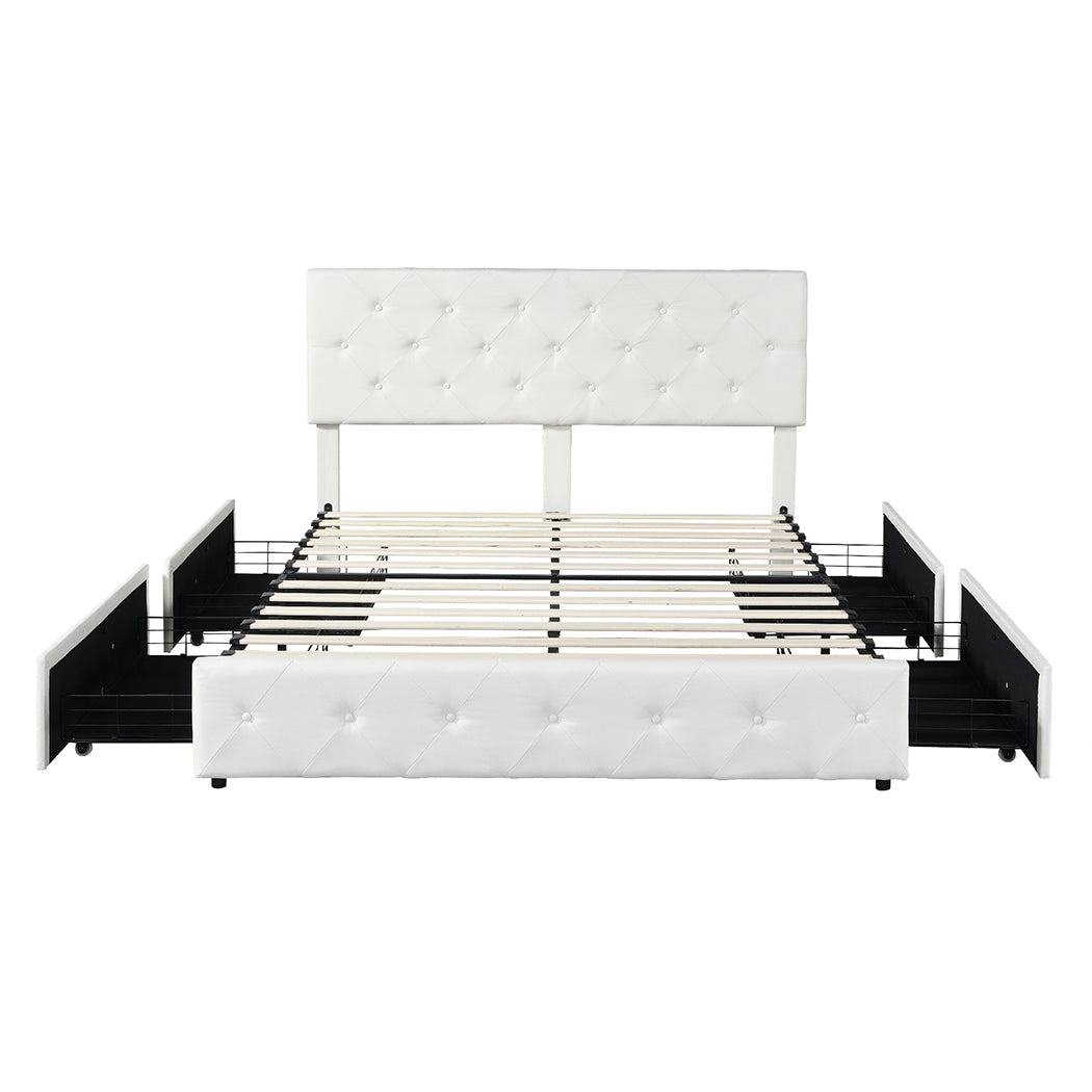 Queen Bed Frame Tufted With 4 Storage Drawers Cream