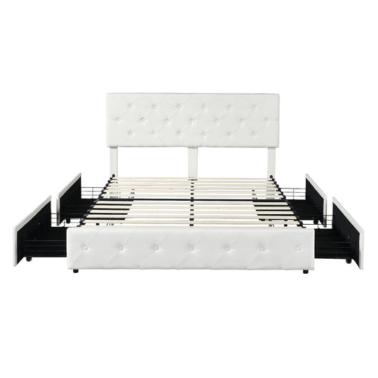 Queen Bed Frame Tufted With 4 Storage Drawers Cream
