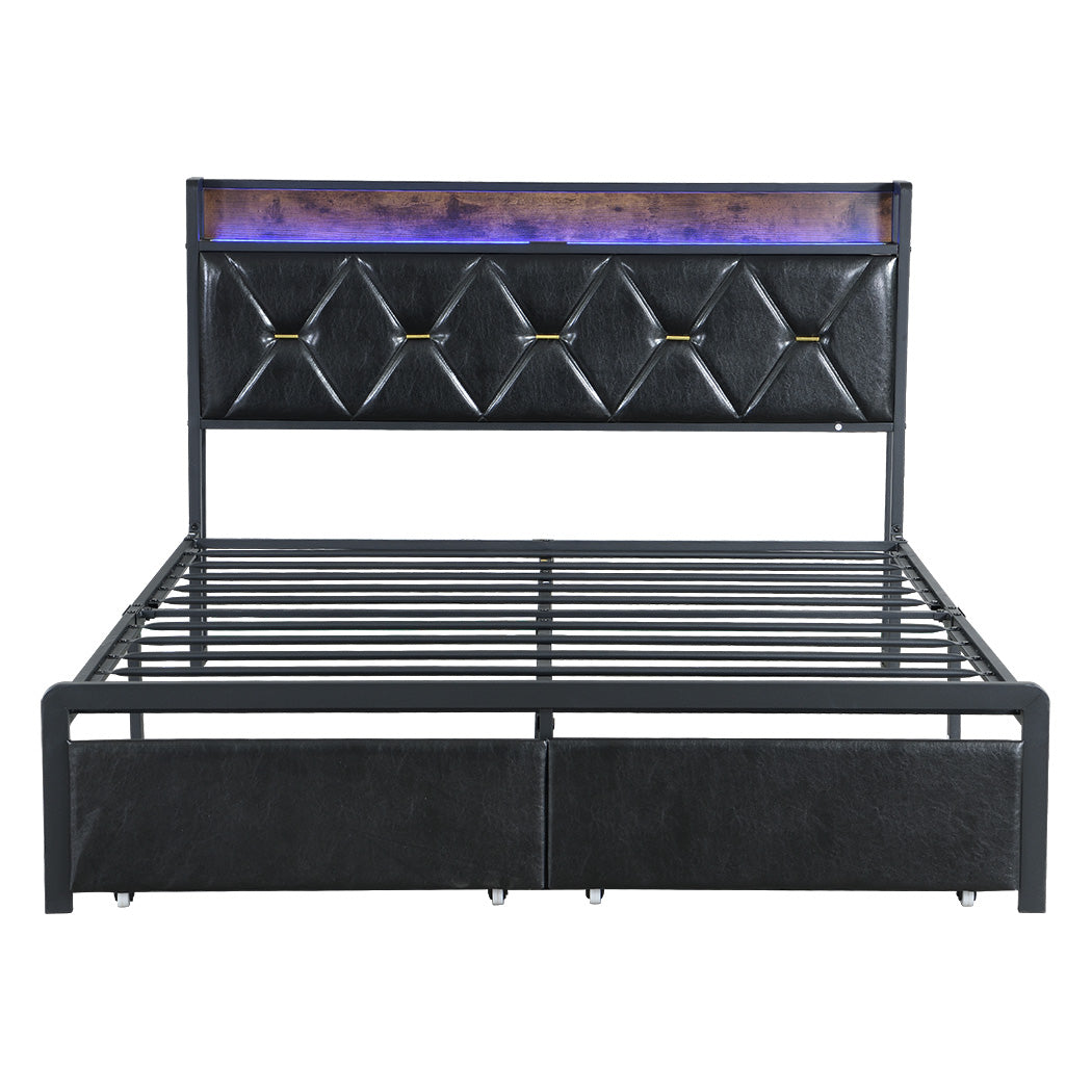 Queen Metal Bed Frame With Led Lights And 2 Drawers Black