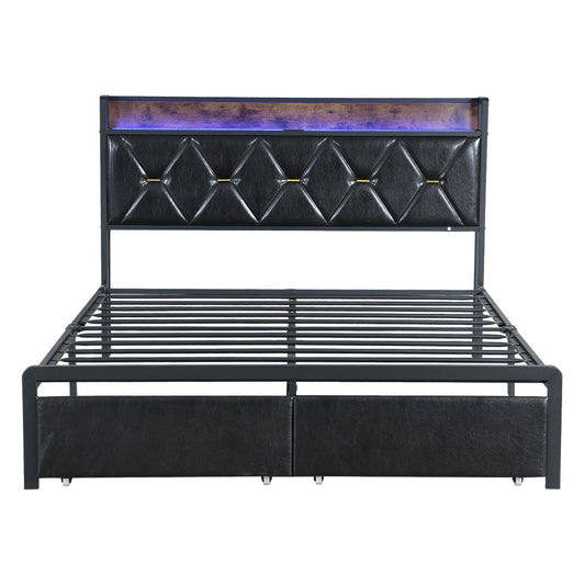 Queen Metal Bed Frame With Led Lights And 2 Drawers Black