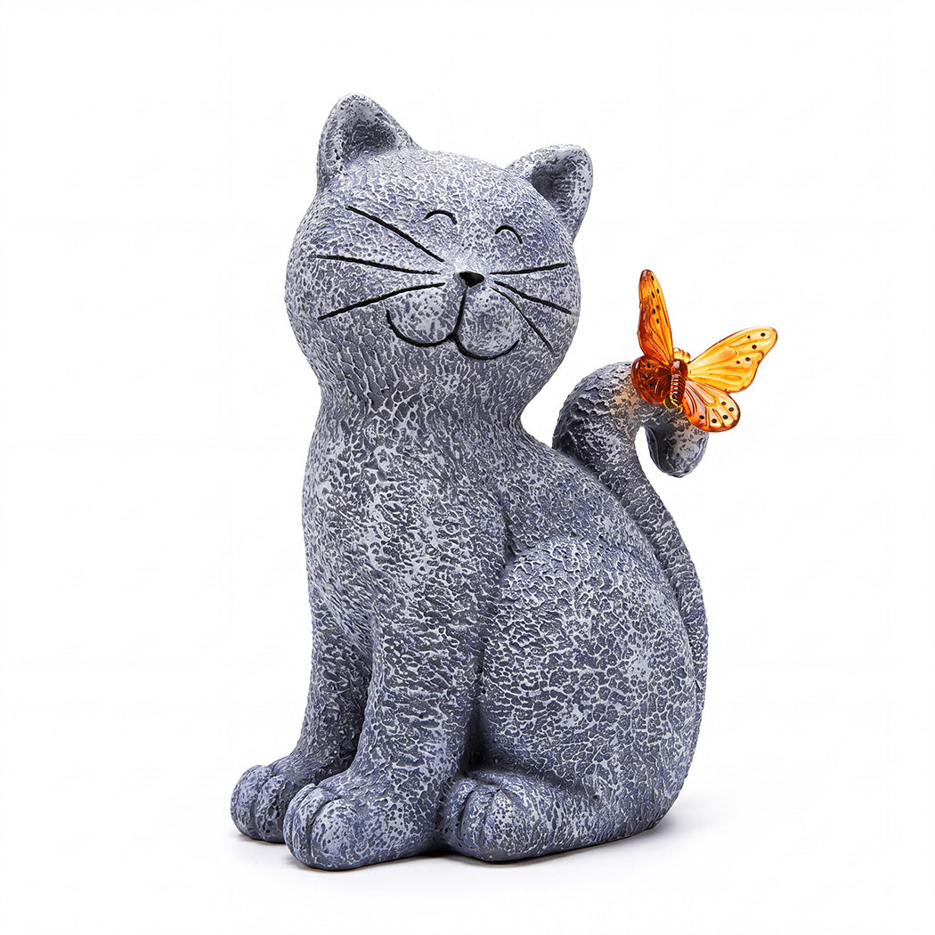 Emitto Solar Cat Butterfly Garden Statue With Led Light Resin Outdoor Decor