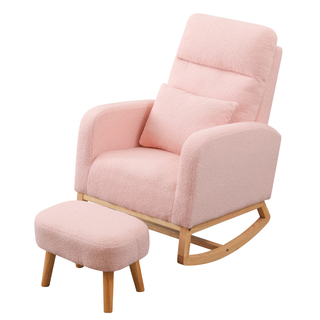 Rocking Chair With Ottoman Footrest Side Pocket Pink